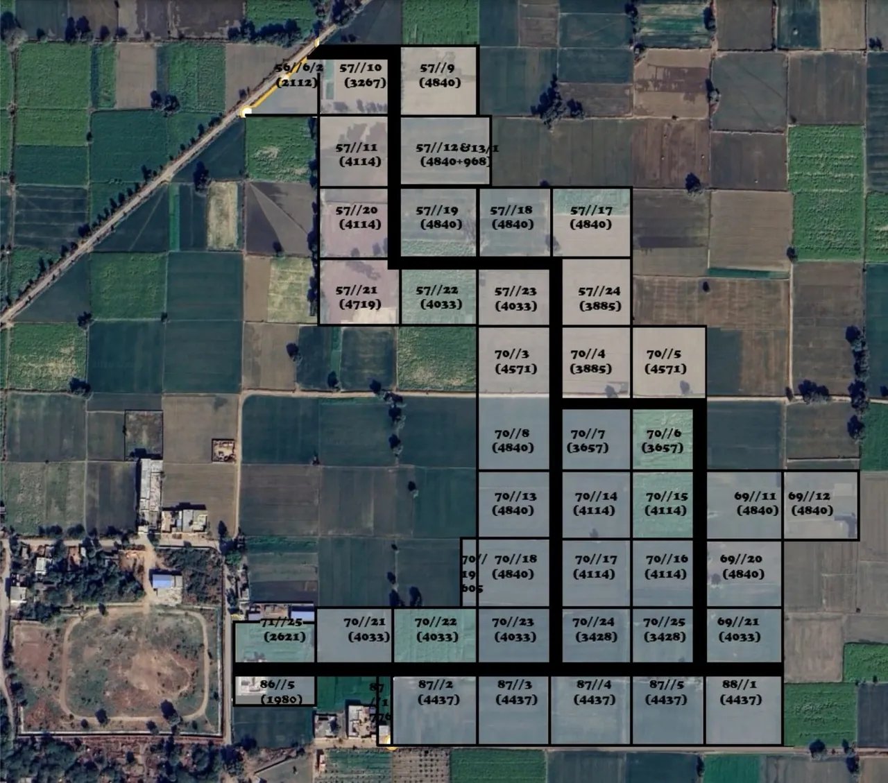 Khasra map on satellite view — khasra numbers with area in sq yd
